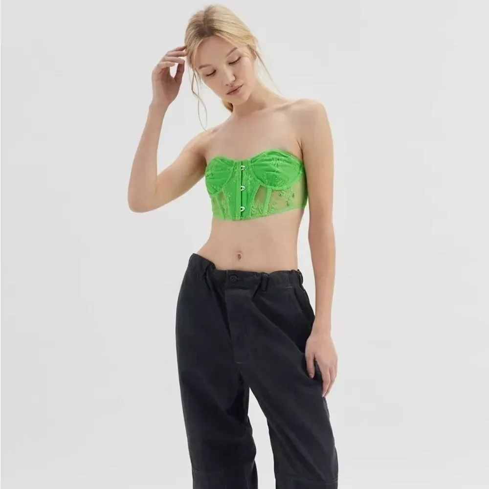 Urban Outfitters Out From Under Firecracker Green Lace Cropped Corset Top S NWT
